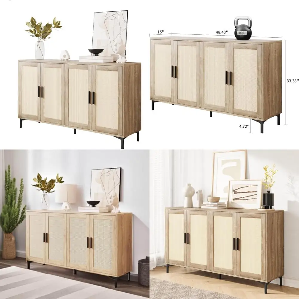 

Rattan-Decorated Kitchen Buffet Cabinet with Doored Accents and Coffee Bar Storage