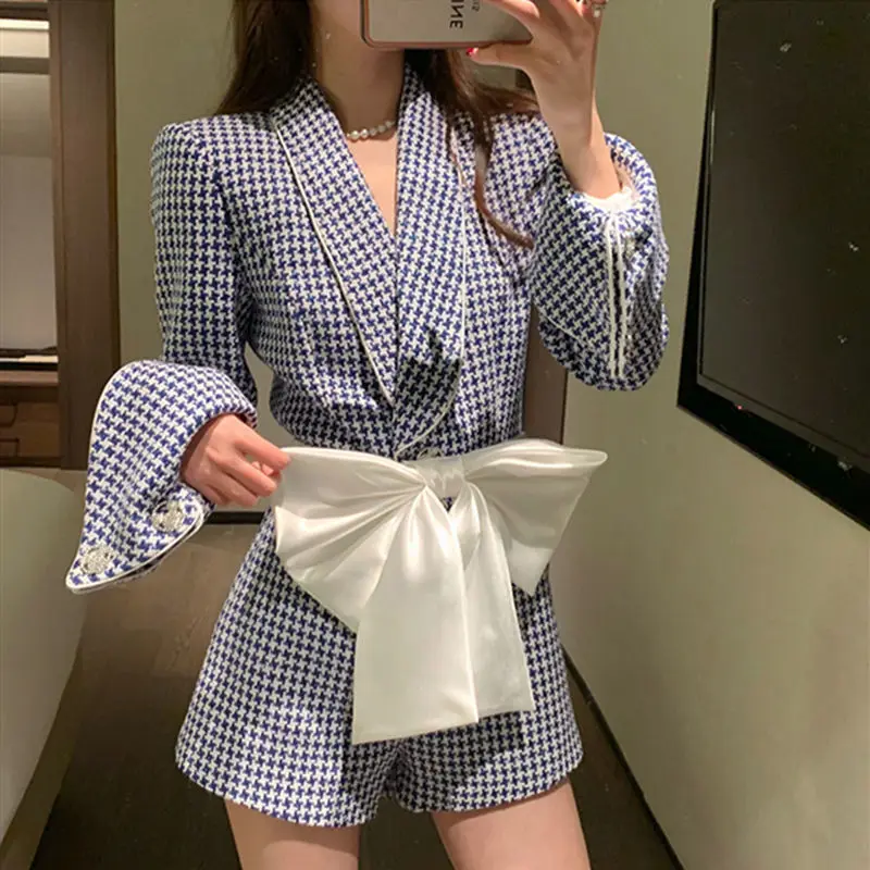 

Autumn New Style Small Fragrance Temperament Blue Houndstooth Fashion Jumpsuit Small Senior Sense Jumpsuit