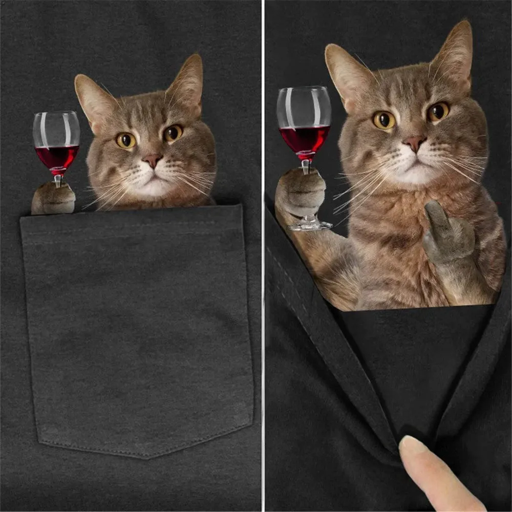 CLOOCL New Fashion T-shirts Animal Cat Middle Finger Red Wine Pocket T-shirt Summer Short Sleeve Shirts Cotton Tees Dropshipping