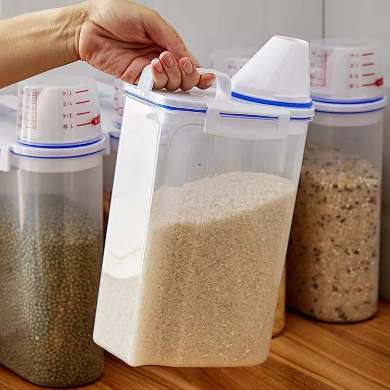 1pc Rice Grains Food Storage Canister With Measuring Cup Kitchen Moisture-proof Insect-proof Dust-proof Sealed Jar