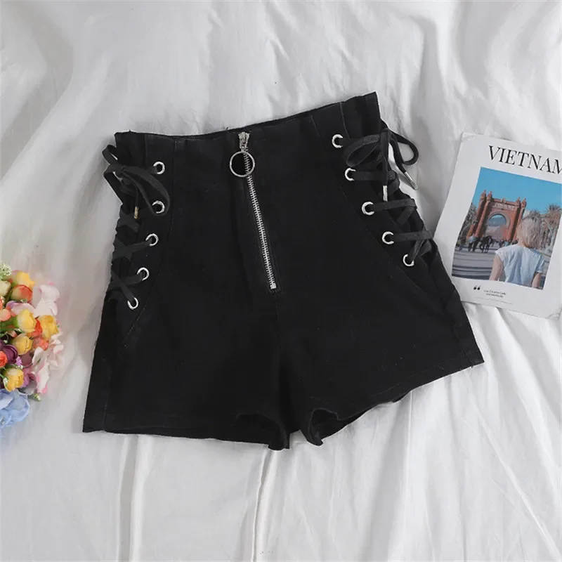 Pantalones cortos vaqueros de cintura alta para mujer, Shorts informales, color negro, holgados, combinan con todo, color azul, primavera y verano