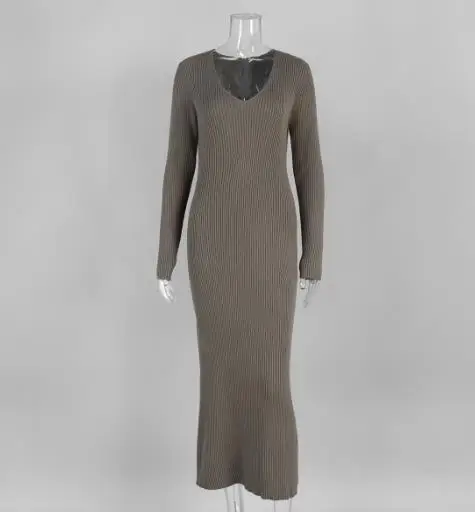Vestidos para mujer 2025 primavera otoño nuevo Color sólido cuello en V manga larga temperamento Casual Slim Fit cadera abrazando vestido largo de punto