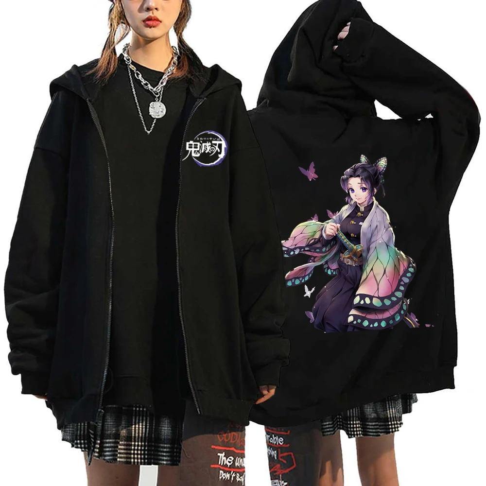 Hot Anime Demon Slayer Women Zip Hoodie Kochou Shinobu Plus SIze Sweatshirt Harajuku Zip Up Jacket Y2k Female Fashion Pullover