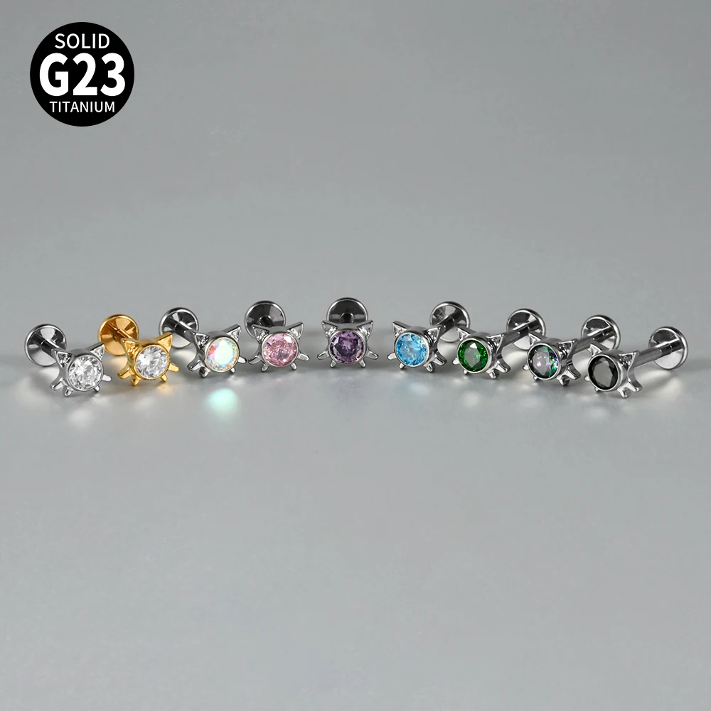 1PC Titanium Zirconia Cute Cat Rook Helix Stud Tragus Cartilage Earrings Animal Lobe Labret Lip Fashion Piercing Jewelry 16G