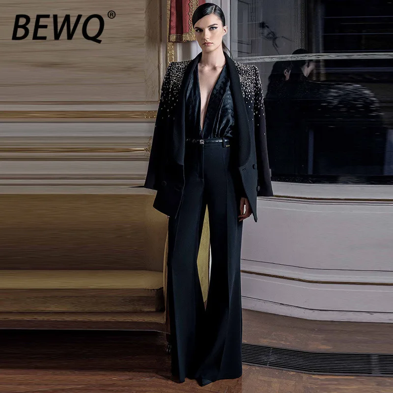 

BEWQ модный женский комплект из 2 предметов, лоскутный пиджак с зубчатым воротником и пуговицами, свободные брюки с высокой талией, элегантный костюм, новинка осени 2023 г.