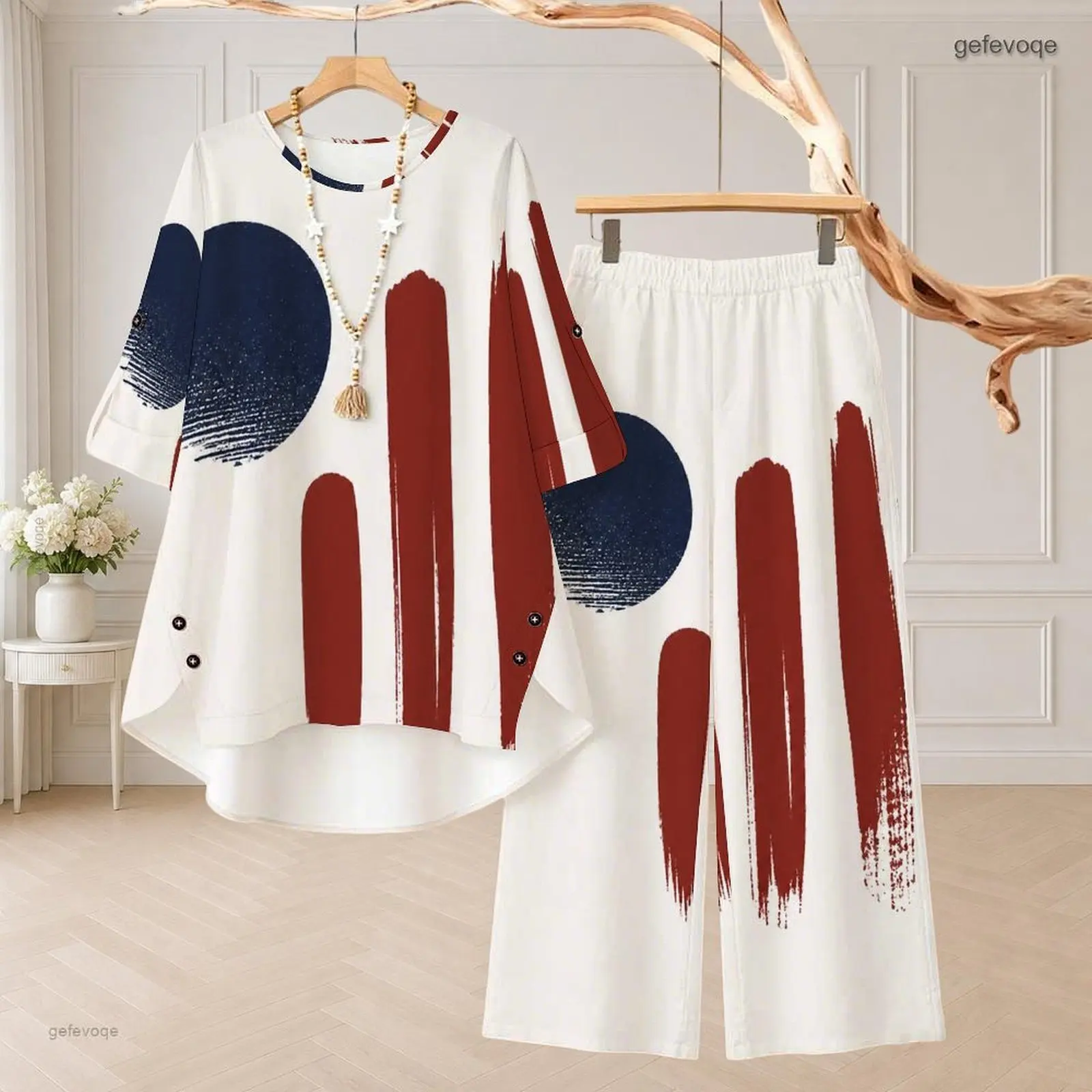 Women Printed Round Neck 3/4 Sleeve High Low Top and Long Pants Two Piece Set, US Flag Brush Star Stripe Pattern
