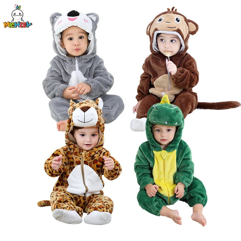 MICHLEY Halloween Dinosaur Leopard Winter Baby Romper Infant Costume Clothes For Newborn Boys Flannel Cute Bodysuit Pajamas Bebe