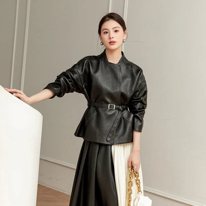 Veste en cuir véritable en peau de mouton souple, noire unie, élégante, à lacets, manteau en daim d'agneau haut de gamme pour femmes