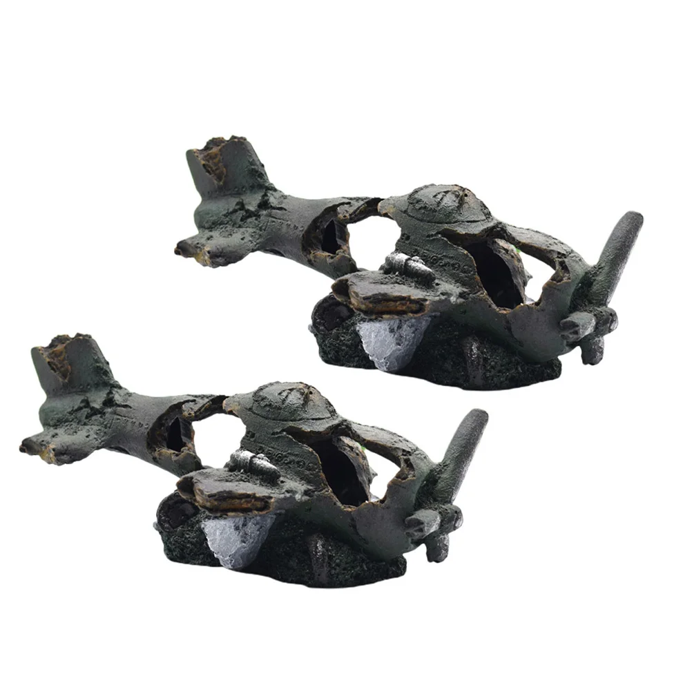

2Pcs Resin Aquarium Airplane Wreckage Decoration Fish Tank Ornament Simulated Damaged Airplane Fish Shrimp Hideout
