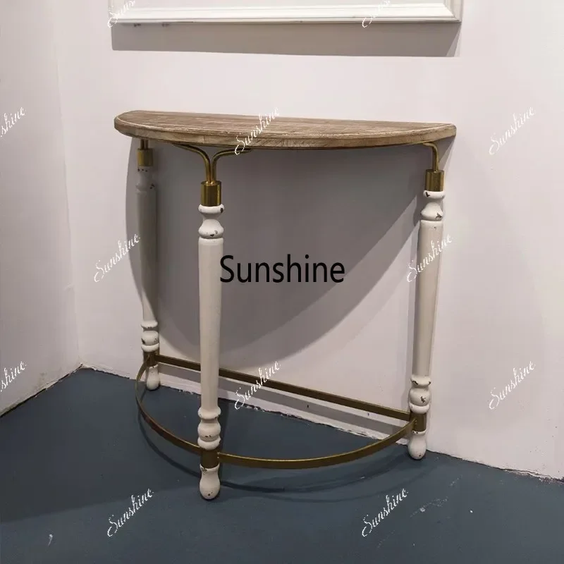 

YAmerican entrance table retro wrought iron semi-round decorative flower stand solid wood balcony rack