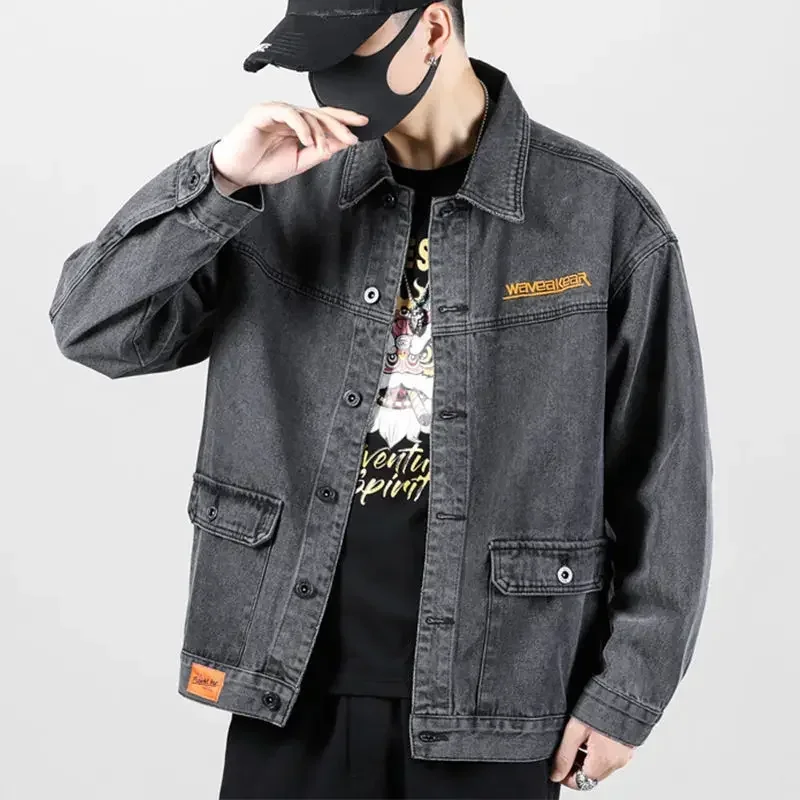 Men's Denim Jacket Japanese Spliced Button Male Jean Coats Autumn Aesthetic Fashion Winter Oversize Worn Big Size Of Fabric