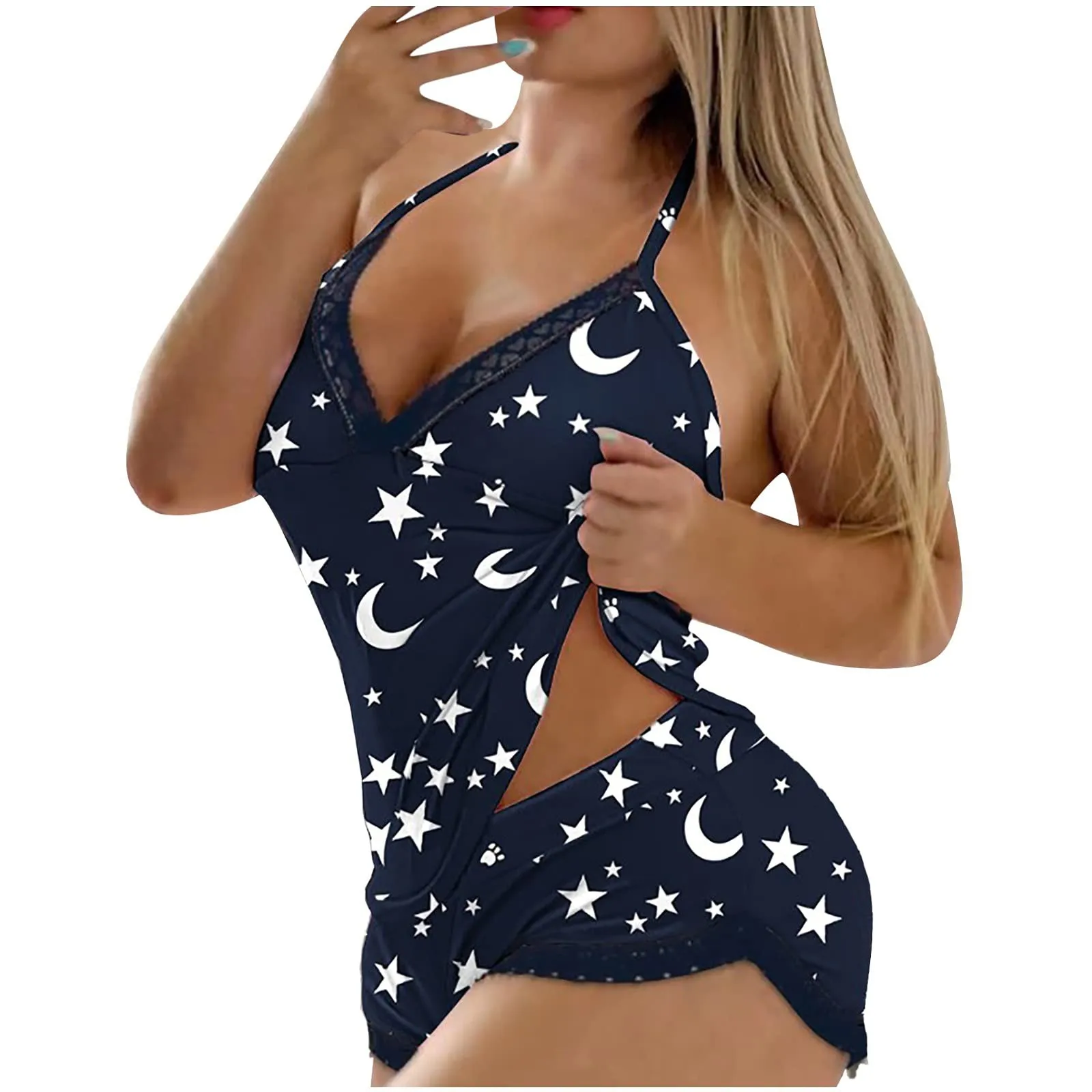 Hot Pajama Suits Sexy Lace Emboridered Sleepwear Set Sleeveless Deep V-neck And Shorts Solid Color Wireless Bra Underwear