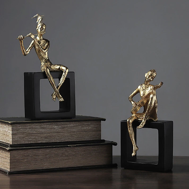 Golden Figures Band Statue Guitarist Violinist Ornaments Desk Decoration Musician Character Resin Sculpture Room Aesthetic Decor