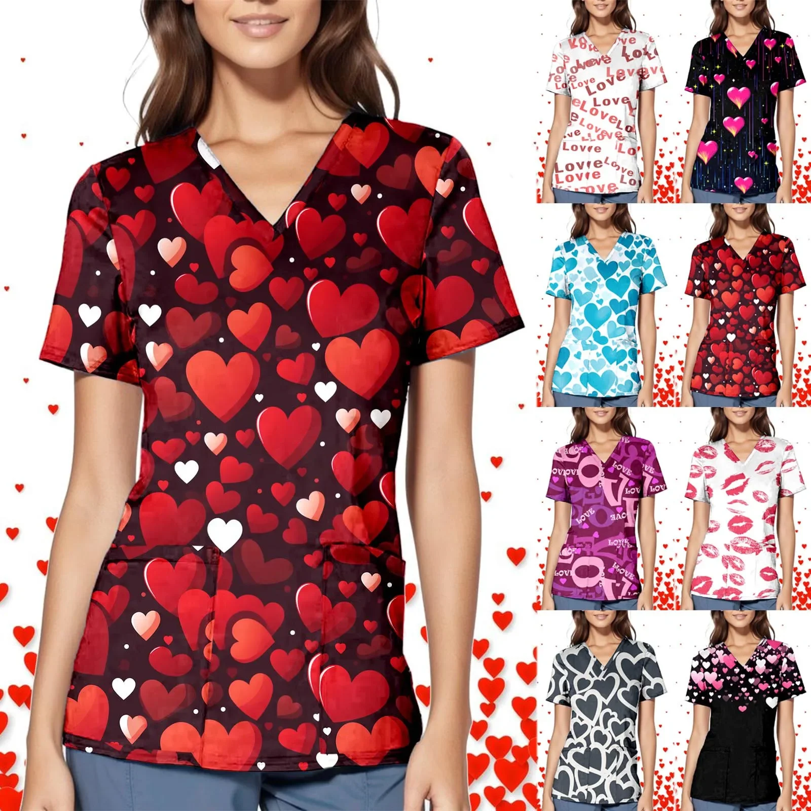 Valentine\'s Day Tunic Scrub Tops Women Print Nurses Uniform Overalls Pocket Shirt Nursing Medical Healthcare Scrubs Nurse Tops