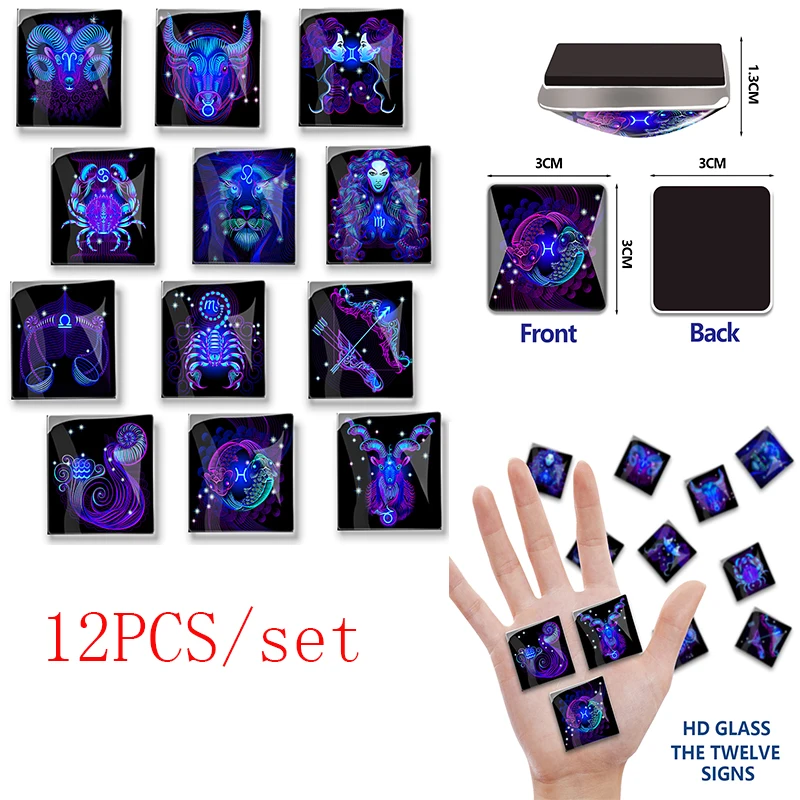 

12 Constellations Square Convex Glass Refrigerator Magnet Stickers for Home Decoration Aries Taurus Gemini 12 Pieces 30MM