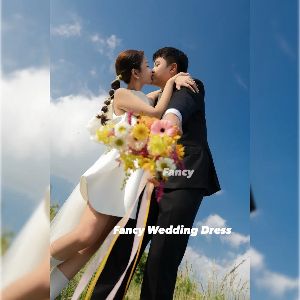 Fancy Simple A Line Short Wedding Party Dresses Korea Photo shoot O-Neck Mini Bridal Gowns Formal Party Dress Plus Size Summer