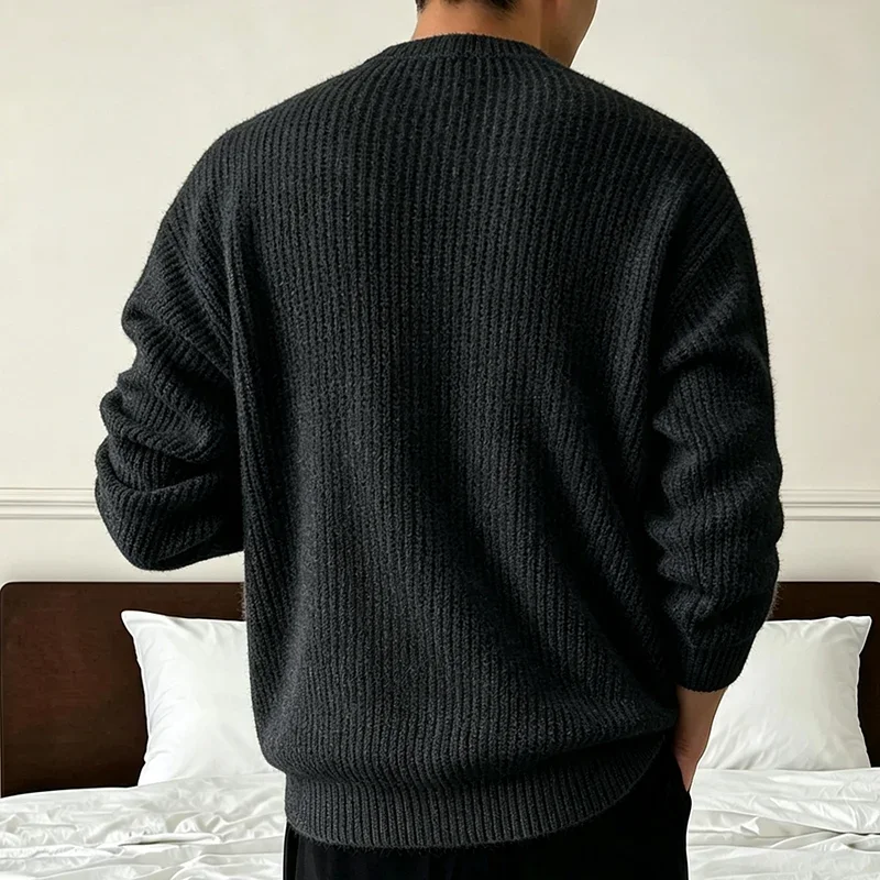 Herren Einfarbiger Strickpullover Frühling Herbst Lässige Mode Gerippte Textur Langarm Lockerer Rundhals-Strickpullover – Detail 13