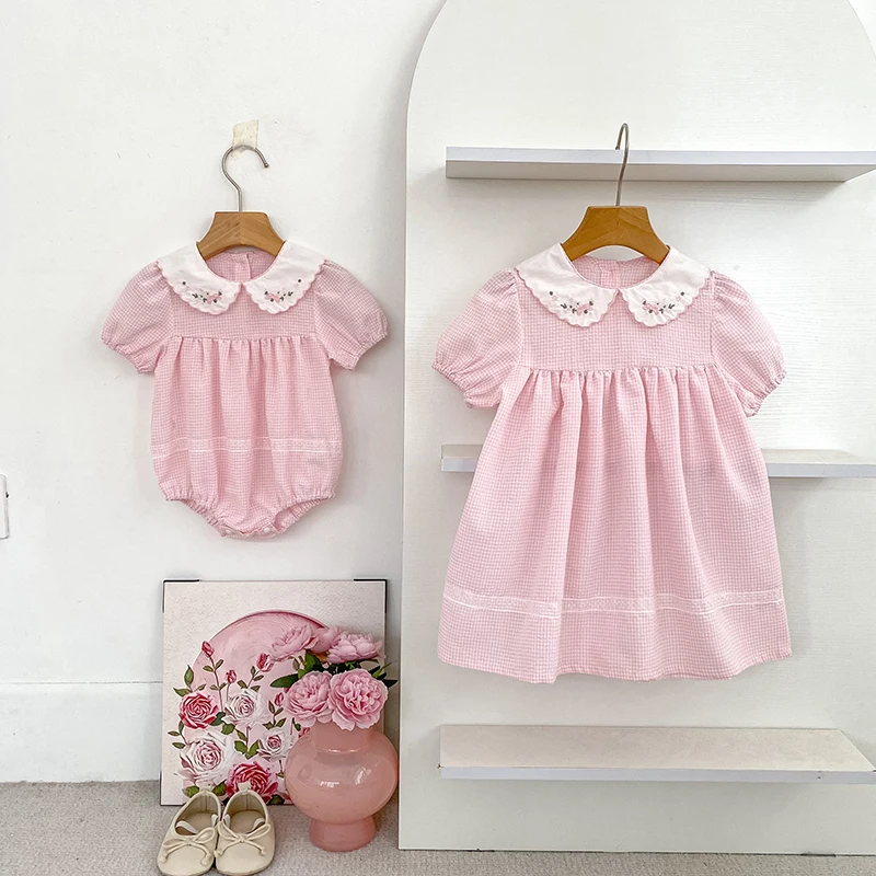 2026 Summer 0-24M Baby Girl Embroidery Collar Grid Bodysuit 2-6Yrs Kid Grid Sweet Party Short Sleeves Dress Pink Sister Dress