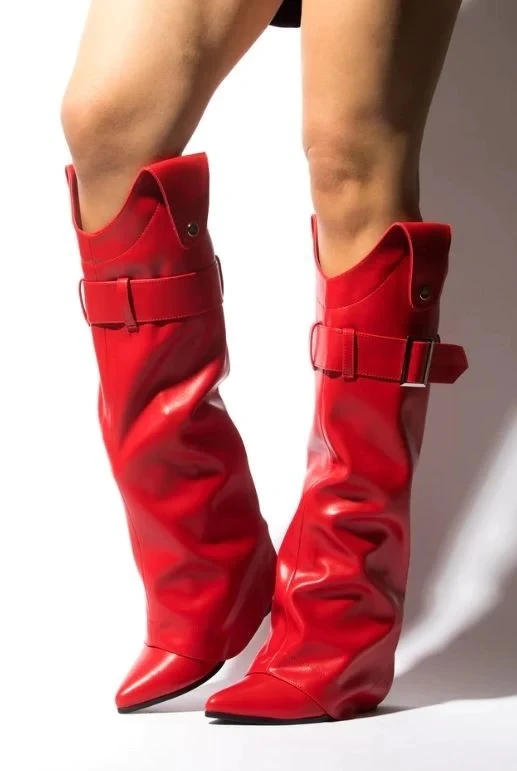 

Fashion Women Boots 2024 New Red Convertible Boot Chunky Heels Detachable Trouser Boots Women's Knee Boots Slip On Shoes