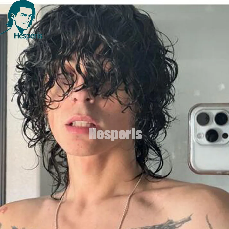 Hesperis Brazilian Remy Wavy Human Hair Wig with Bangs 13x6 Lace Frontal Short Pixie Mullet Style for Men/Women