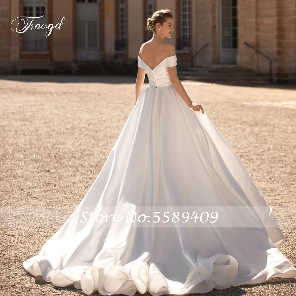 Traugel Elegant Backless Boat Neck Pleat Matte Satin Wedding Dresses Simple Off The Shoulder Court Train A Line Bridal Gown