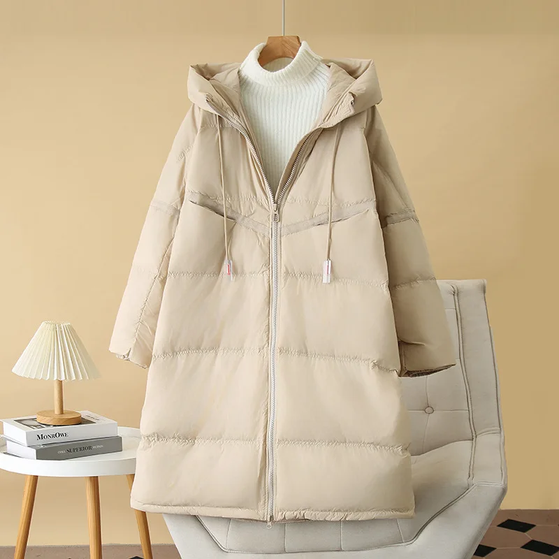 Women Winter Coat Loose Temperament Thickening Oversized Super Long Hooded 50% White Duck Down Warm Jacket 2766