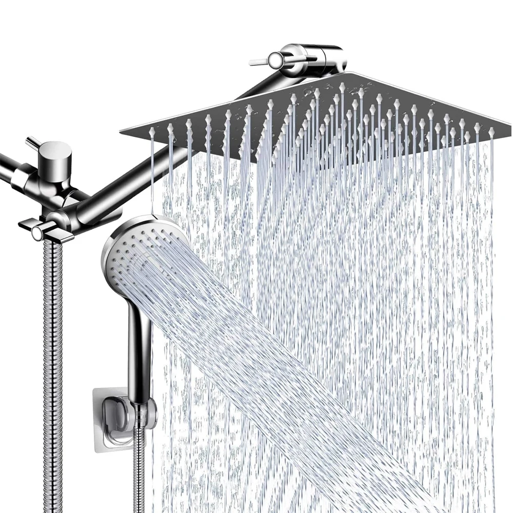 Shower Head Combo 8-12Inch High Pressure Rain Shower Head with Adjustable Extension Arm With 3-way Handheld Shower Spray