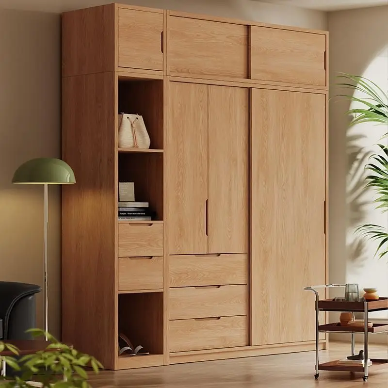 Home bedroom solid wood simple sliding door finished wardrobe storage cabinet