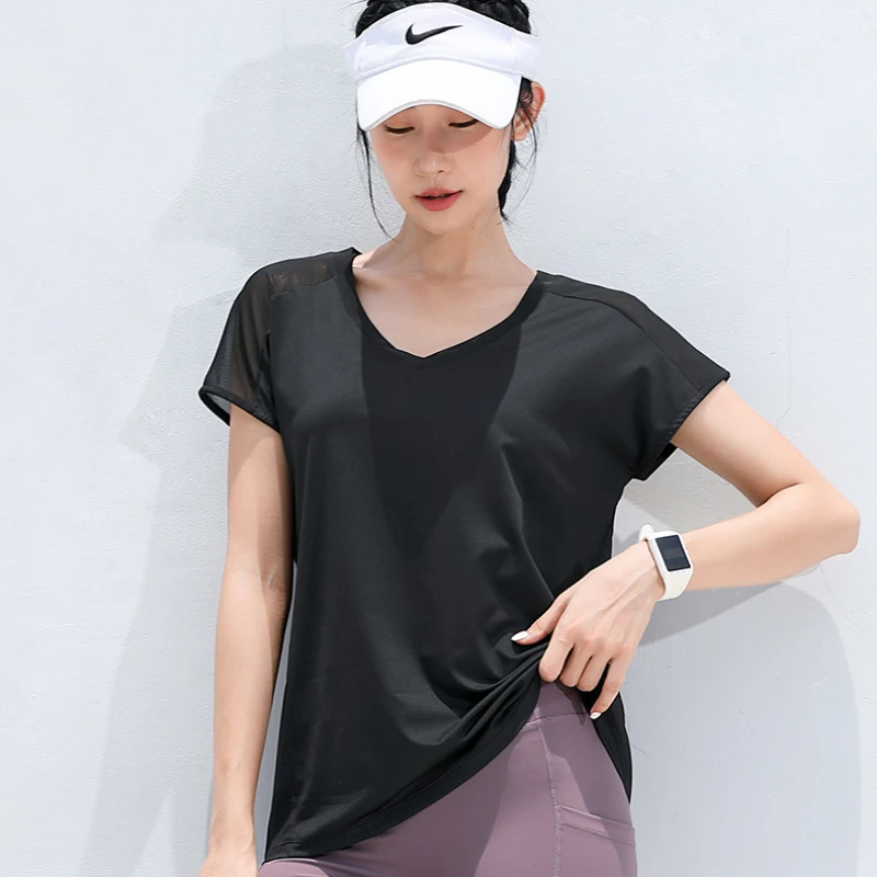 Women\'s Summer Yoga T-shirt Short Sleeve Mesh Breathable Loose Quick Dry Running Workout Shirt Sports Fitness Yoga Tank Top