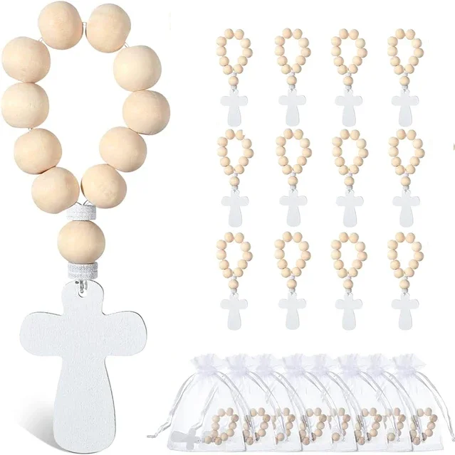 6/12/18PCS Wooden Rosary Wood Bulk Catholic With Crucifix Wooden Cross Pendant With White Mesh Bags For Baptism First Communion