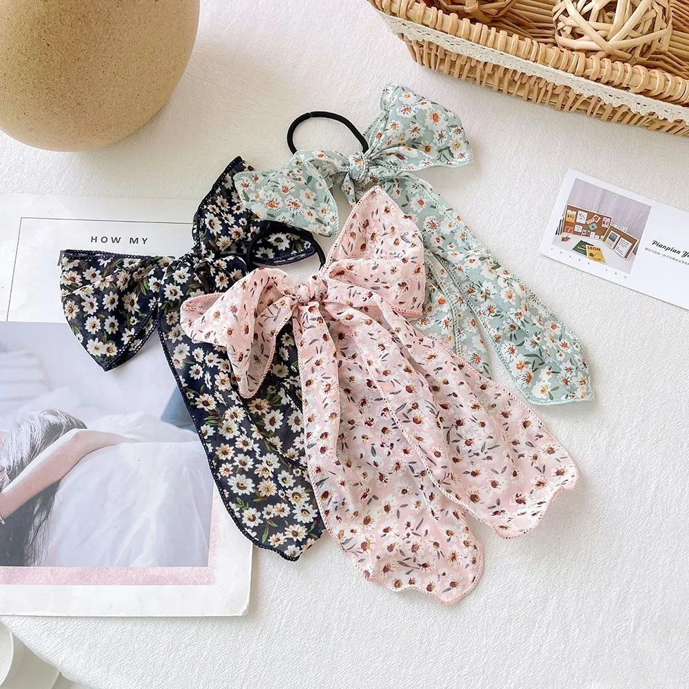 

Chiffon Floral Print Women Hair Ties Knotted Long Ribbon Female Hairband Daisy Elastic Hairbands Sweet Headwear Hair Accessories