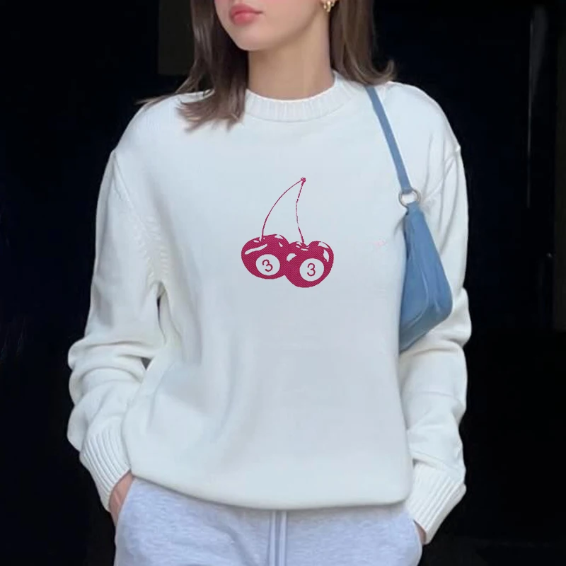 2024 Autumn Winter Long-sleeved Women's Sweater Sweatshirt Top Round Neck Simple Solid Color Cherry Print Shopping Trend Selling