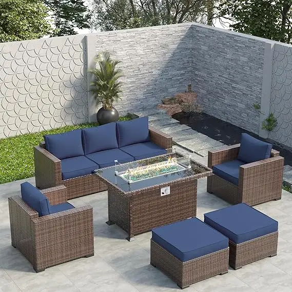 

8pcs Outdoor Sectional Patio Couch Set with Ottoman, Outdoor Conversation Set with 44" Gas Fire Pit