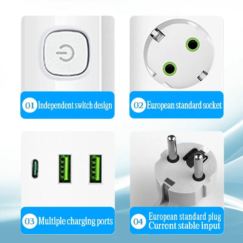 الأبيض 2 متر تمديد كابل الاتحاد الأوروبي التوصيل القياسية المقبس USB و Type-C منافذ الشحن LED التبديل المستقل 2500 واط تصنيف الطاقة