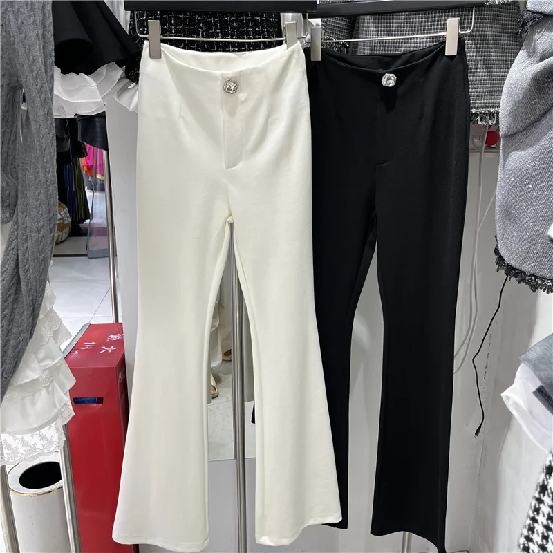 

Elastic Bell Bottom Casual Pants Women's High Waist Slimming Diamond Button Straight Leg Pants Versatile Trousers for Ladies
