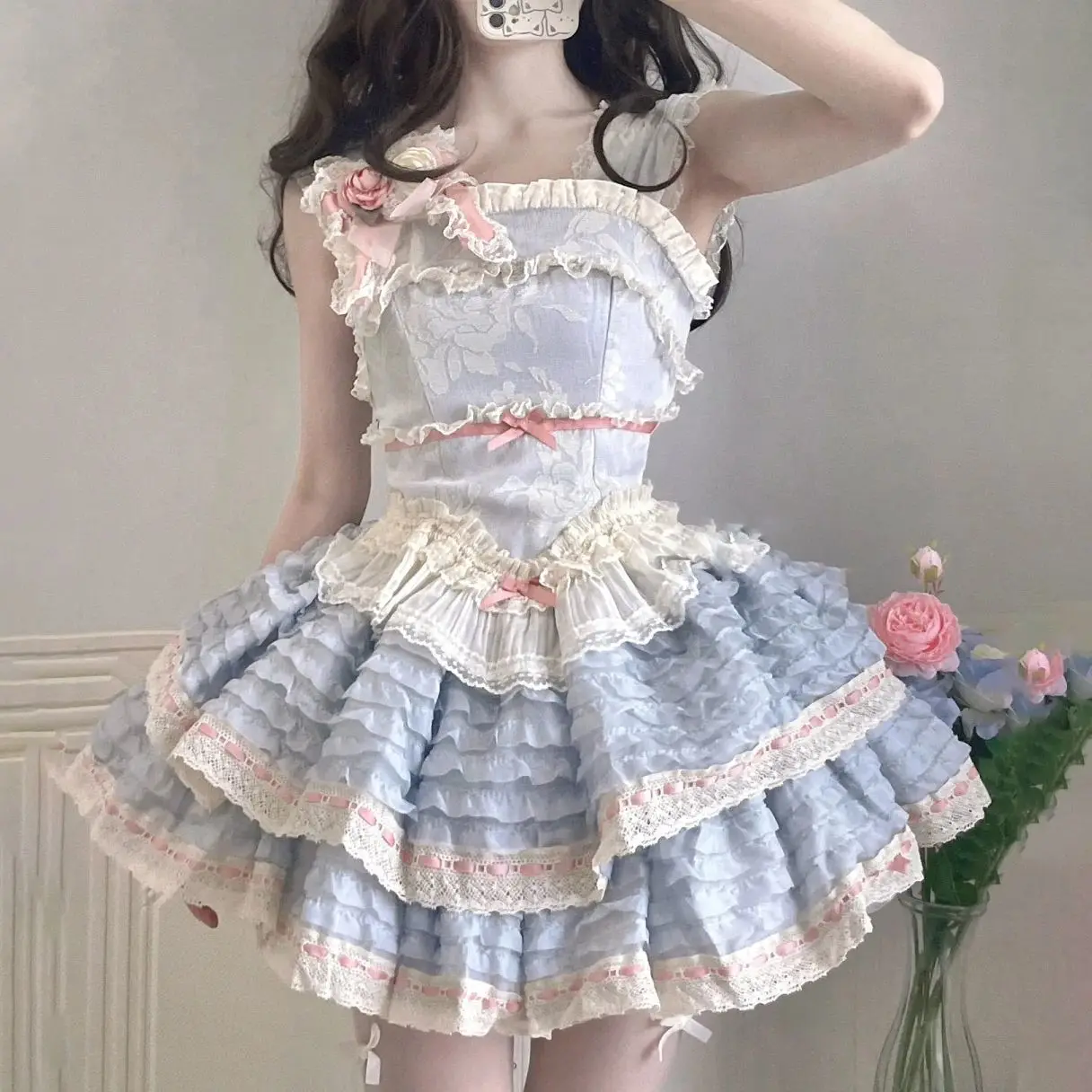 NONSAR Pink Sweet Lolita Jsk Dress Women Japanese Harajuku Kawaii Ruffles Bow Flower Tiered Cake Dresses Cute Fairy Party Dress