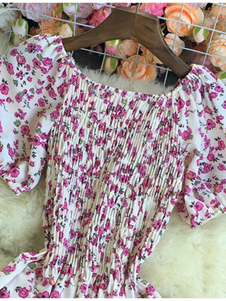 Wakacje na plaży Sukienka z kwiatowym nadrukiem Damska bufiaste rękawy Kwadratowy kołnierzyk Sukienki z wysokim stanem Koreańska moda Długa sukienka na imprezę