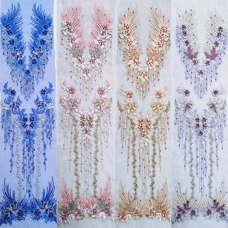 1 sztuk, 120*30CM, 3D kwiaty długa naszywka na odzież, koronkowe naszywki z haftem z koralikami Rhinestone aplikacja na ciało kryształ na suknię ślubną