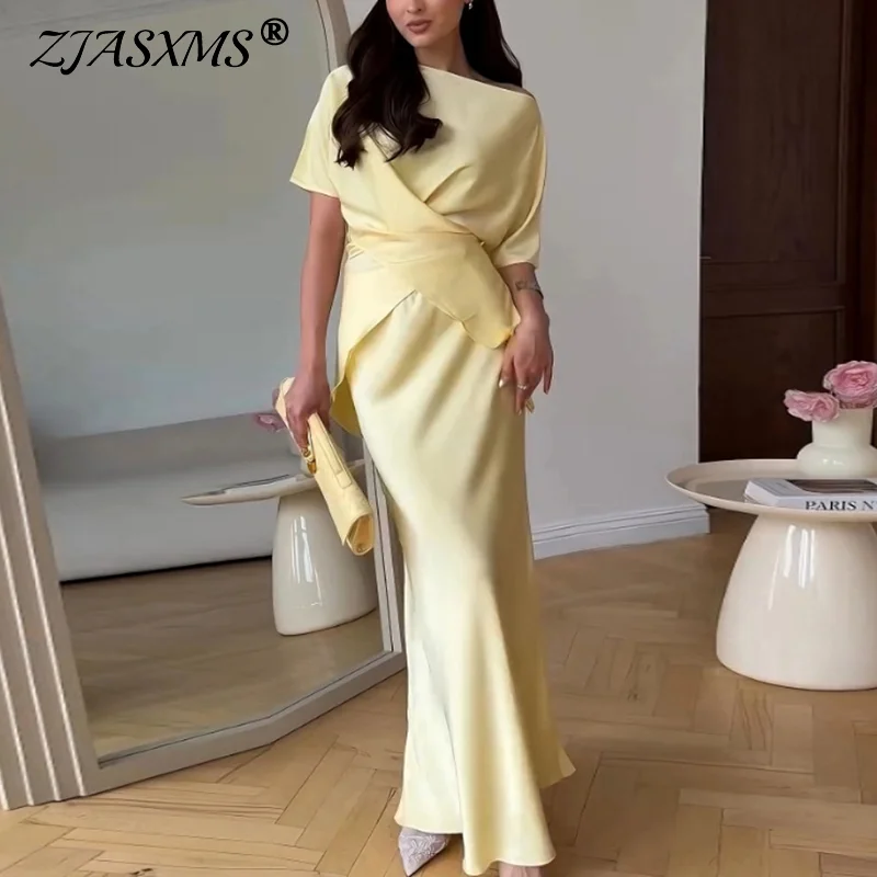 

Sexy Slash Neck High Waist Two Pieces Sets Summer Short Sleeve Lace-up Top & Long Skirts Outfits Spring Solid Slim Women's Suits
