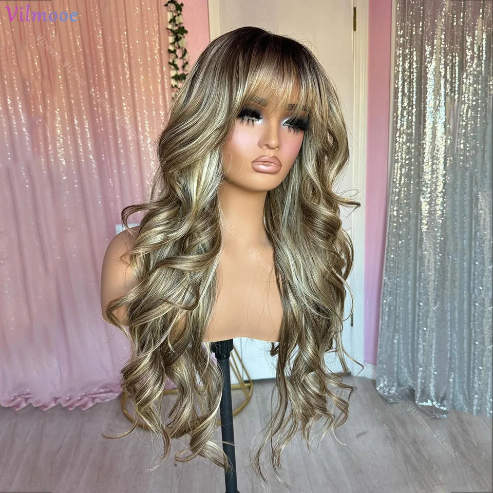 Highlight Brown Blonde Human Hair Silk Top Human Hair Wigs Body Wave Pre Plucke Lace Wigs With Bangs Light Blonde Bleached Knots