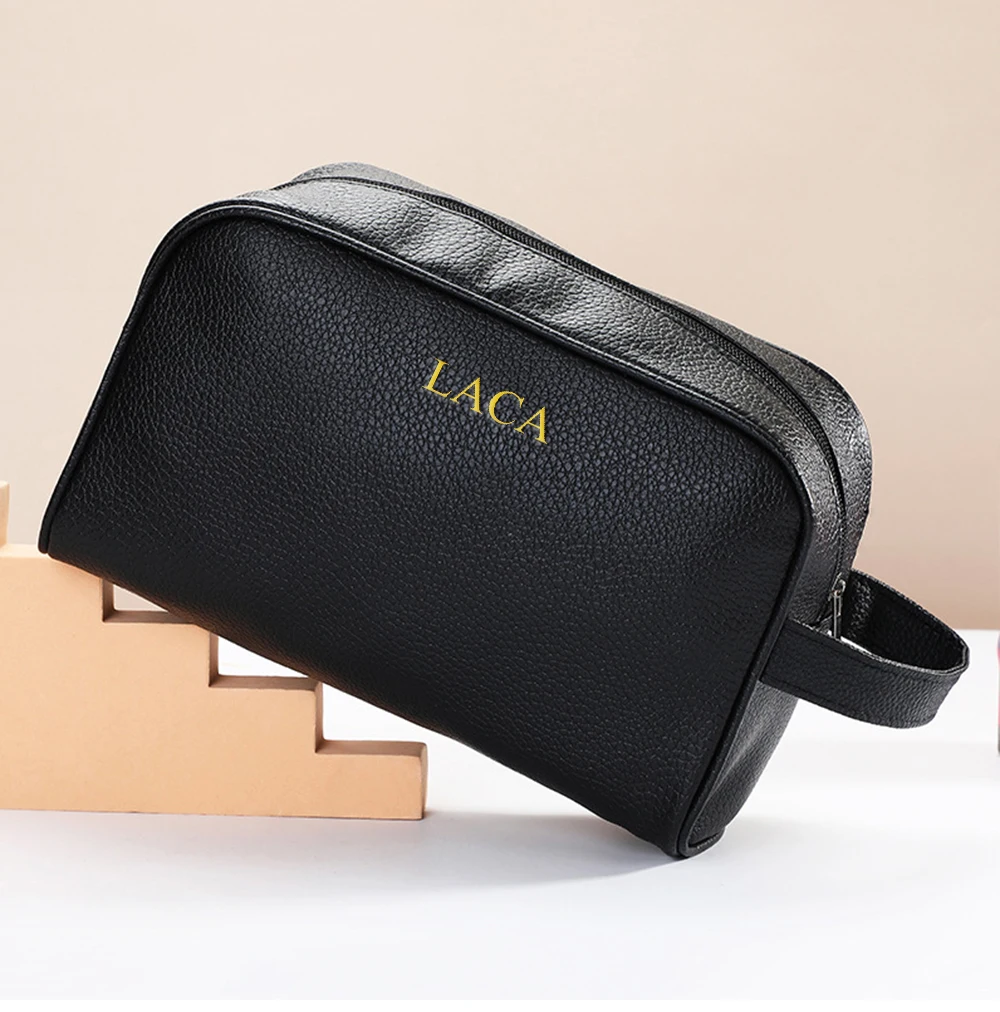 Maßgeschneiderte Herren-Make-up-Tasche mit großem Fassungsvermögen und Namen oder Brief, tragbare Kulturtasche mit Reißverschluss für Geschäftsreisen, Make-up-Tasche für Herren – Detail 4