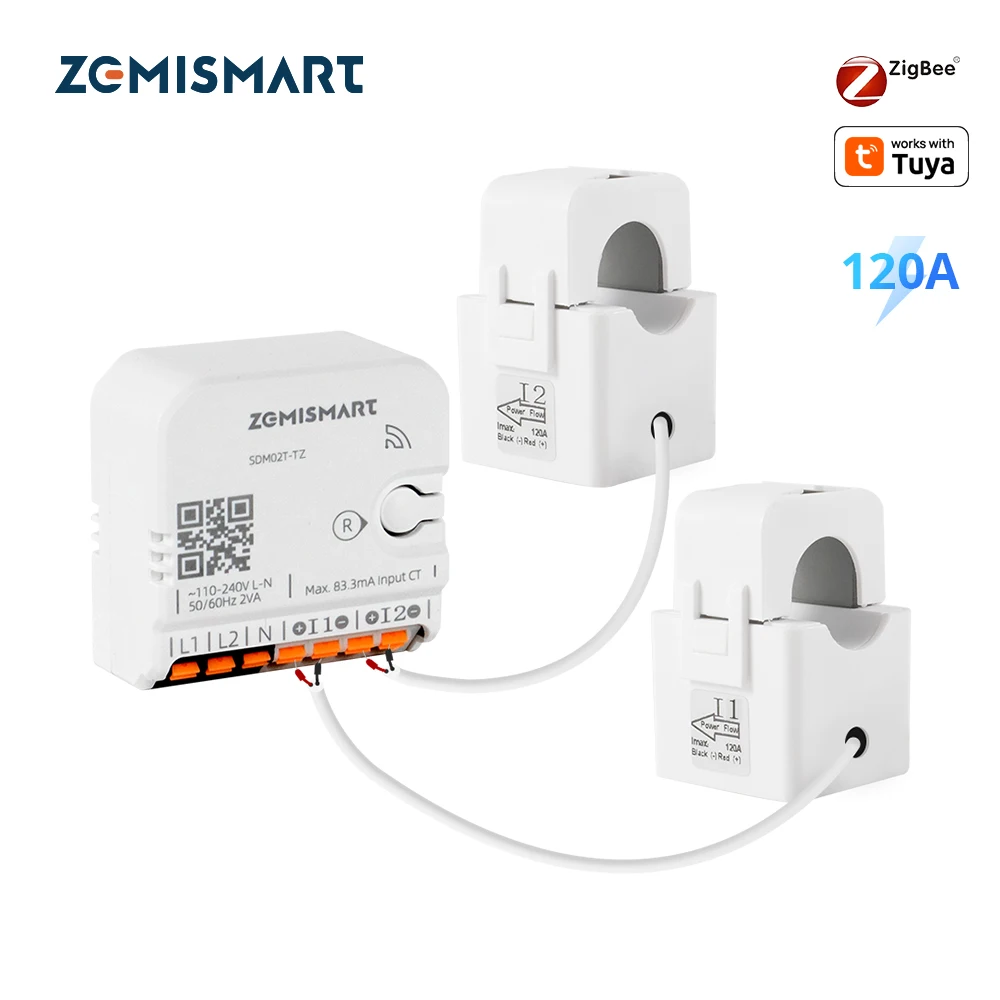 Zemismart Zigbee 120A 2 Phase Energy Meter Smart Din-rail Power Monitor Withdrawable Split-core CTs Works with Tuya Smart App