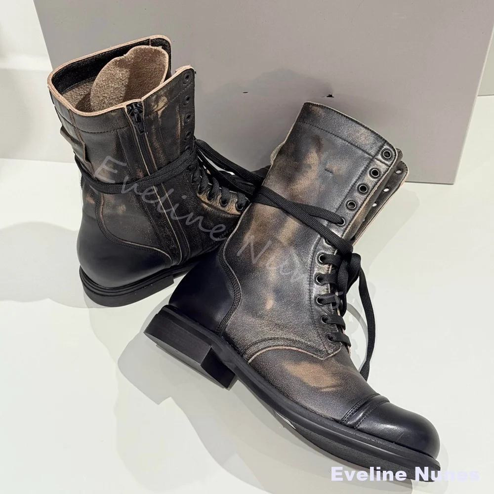 Vintage Distressed Cow Leather Combat Boots Men Pointed To Front Lace Up Low Heel Motorcycle Boots Gothic Retro Mid Calf Boots