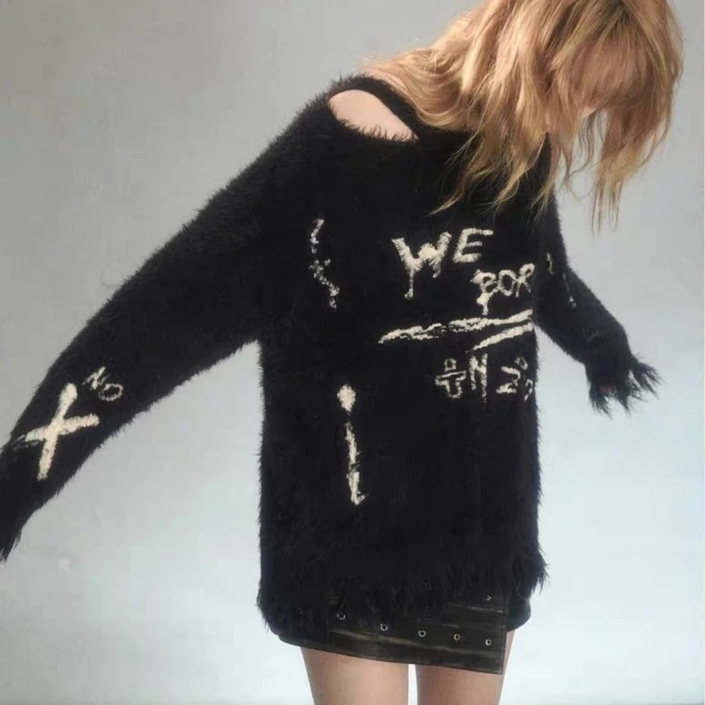 Y2k subcultura estilo Punk jersey de manga larga mujer Casual suéter con cuello redondo letra gótica Jacquard Vintage 2025 otoño