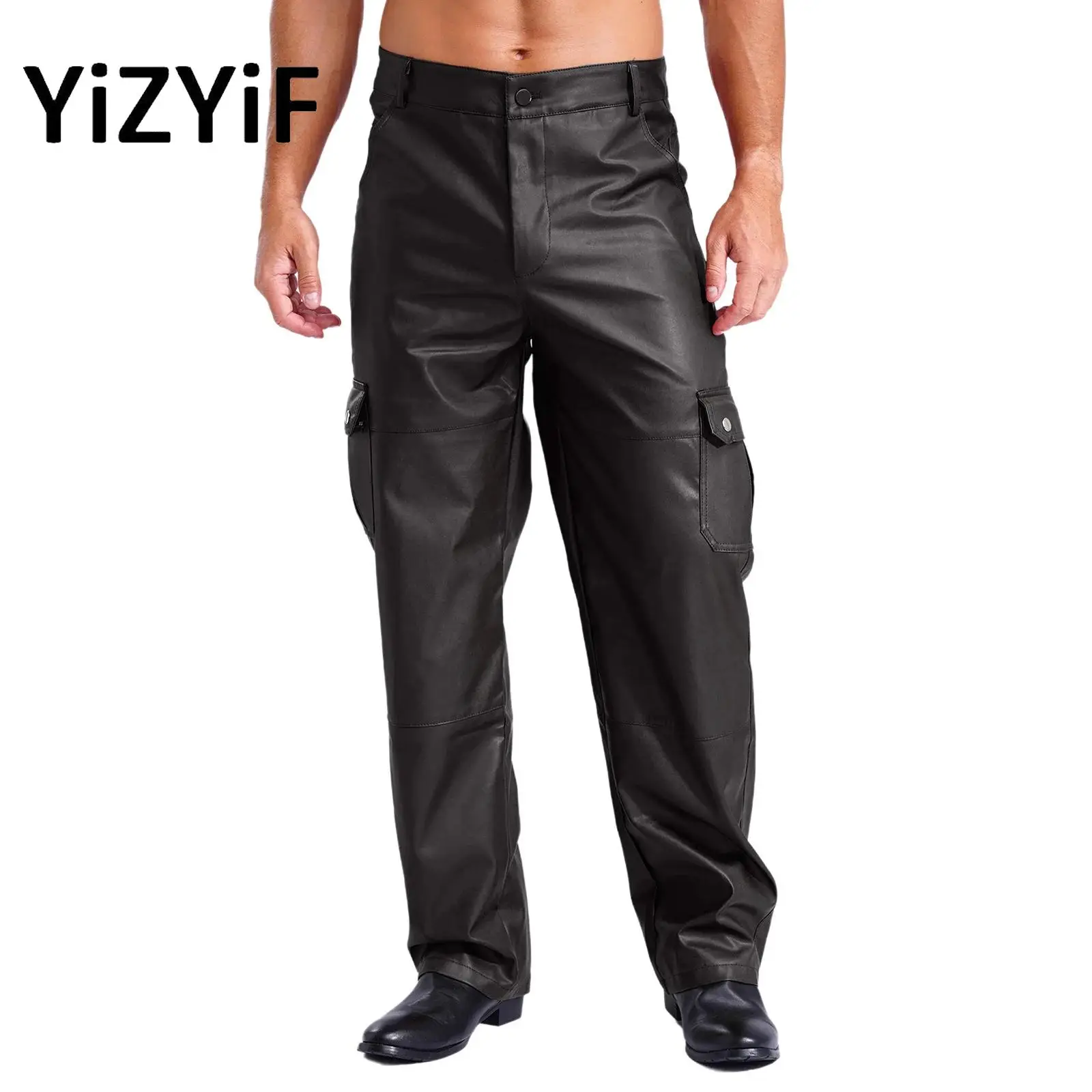 Mens Multiple Pockets Pants Stylish PU Leather Pants Smooth Lining Trousers Motorcycle Over Pants for Daily Wear Music Party