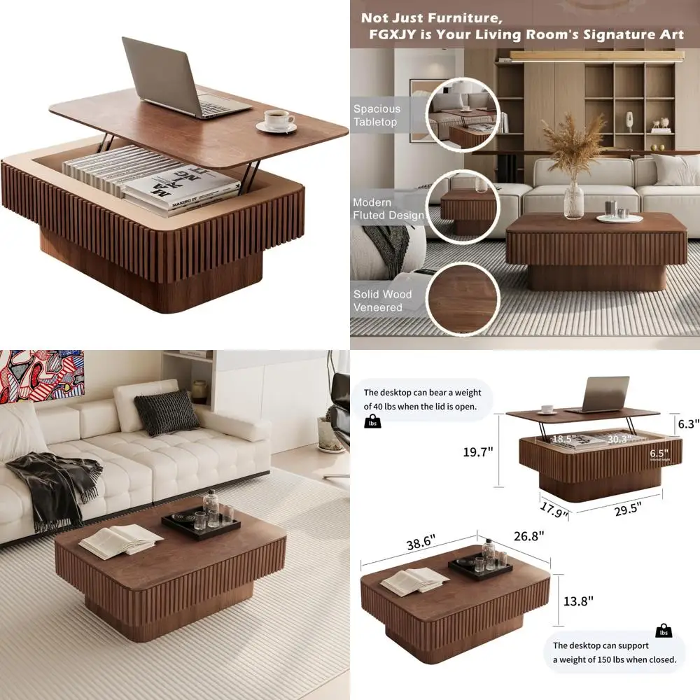 

Журнальный столик из цельного дерева с регулируемой высотой, рифленый акцентный столик для гостиной