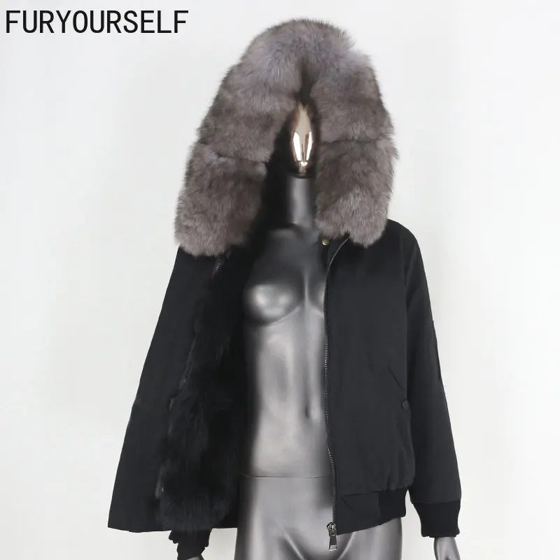 

FURYOURSELF 2023 Waterproof Bomber Parka Real Fox Fur Coat Natural Fur Collar Hood Winter Jacket Women Outerwear Removable Warm