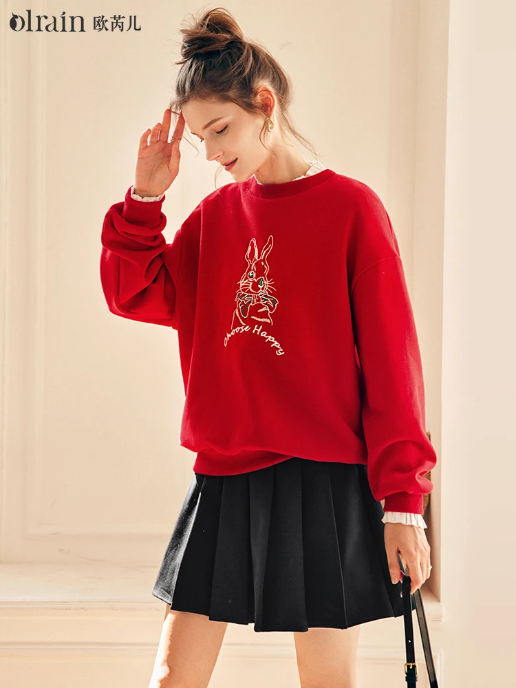 

OLrain Women's Fleece Lined Sweatshirt 2025 Autumn O-Neck Embroidery Drop Sleeves Loose Pullover Casual Streetwear O22DR66000