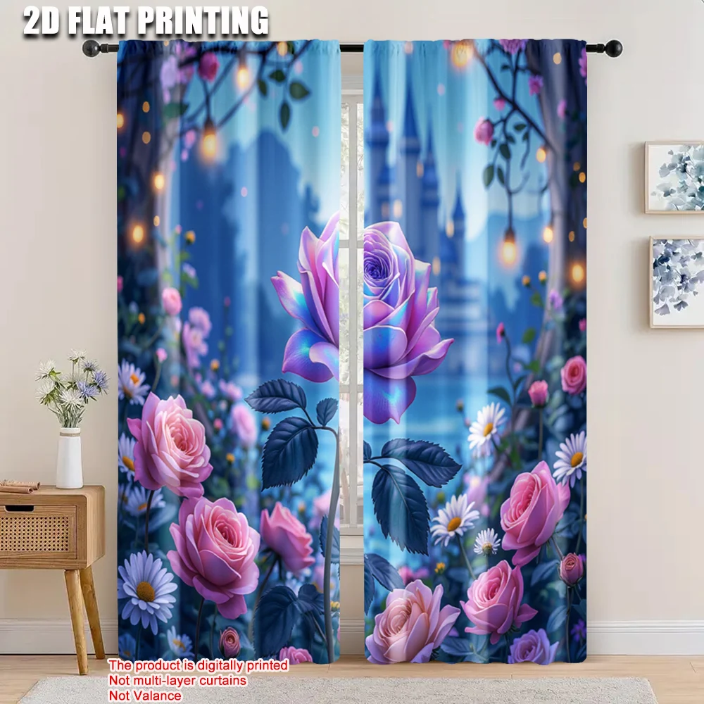 

2pcs, 2D flat printing Curtain Colorful roses butterflies and castles Versatile Polyester Fabric,Without Electricity Festive