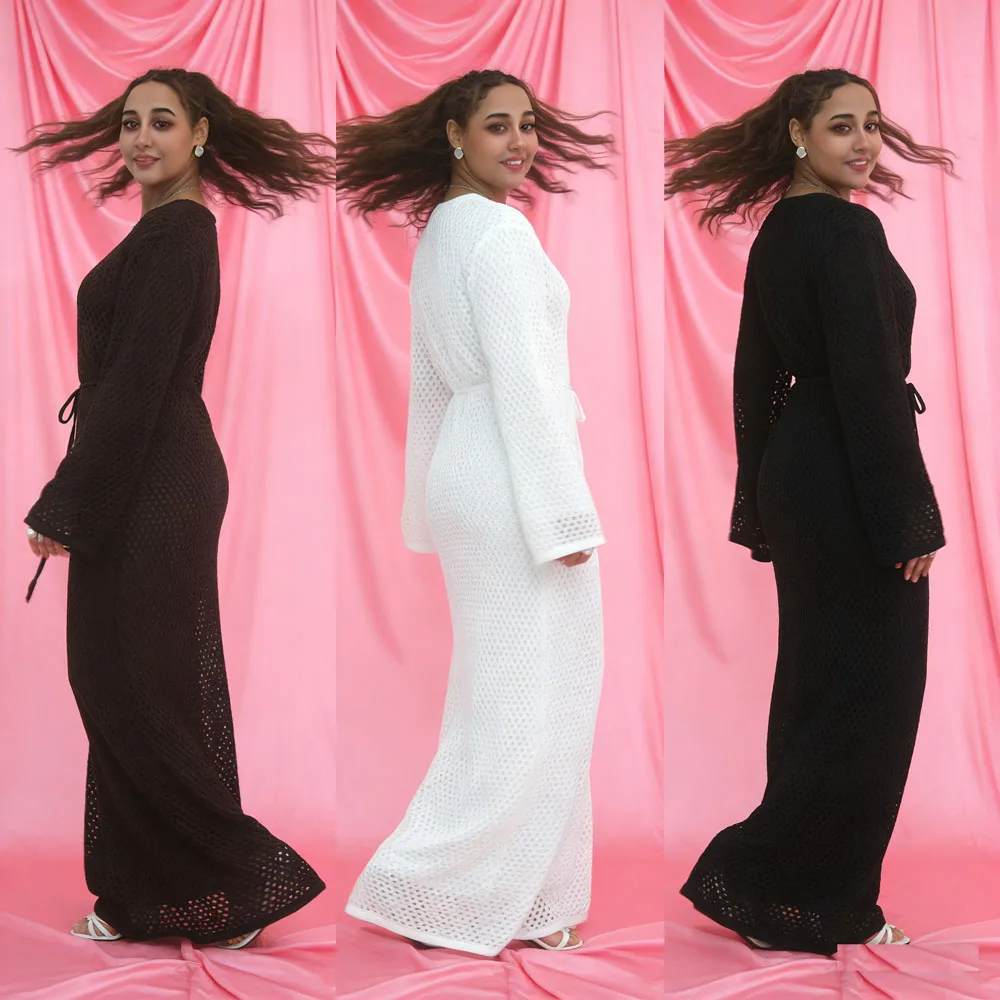 

Дубай Абая женское вязаное ажурное платье мусульманская Турция кафтан халат Ближний Восток скромная исламская одежда для Рамадана Ид вечерние